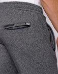 close-up of heather grey tall men’s sweatpants showing secure back zipper pocket
