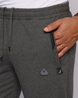 close-up of big and tall dark grey sweatpants showing front zipper pocket