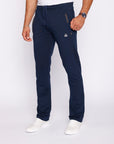 big and tall men’s navy blue travel pants with long inseam and zipper pockets, front view