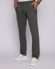 men’s dark grey sweatpants with zipper pockets and clean athletic fit, front view