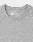 Close-up of a heather gray athletic t-shirt showing the inner neck label with size 'L' and 'SCR' branding.