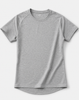A heather gray short-sleeve athletic t-shirt with raglan sleeves and a curved hem, displayed flat against a light gray background.