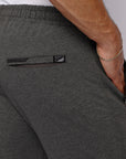 close-up of dark gray travel pants back zipper pocket stitching