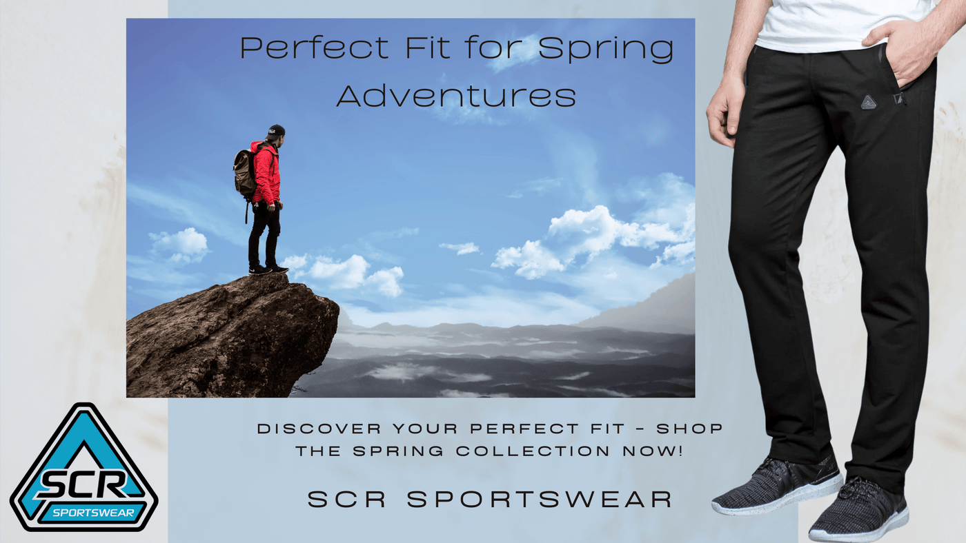 Man standing on a rocky peak wearing SCR Sportswear's black athletic pants, ready for spring adventures with a tagline 'Perfect Fit for Spring Adventures' and a call to action to shop the spring collection now.