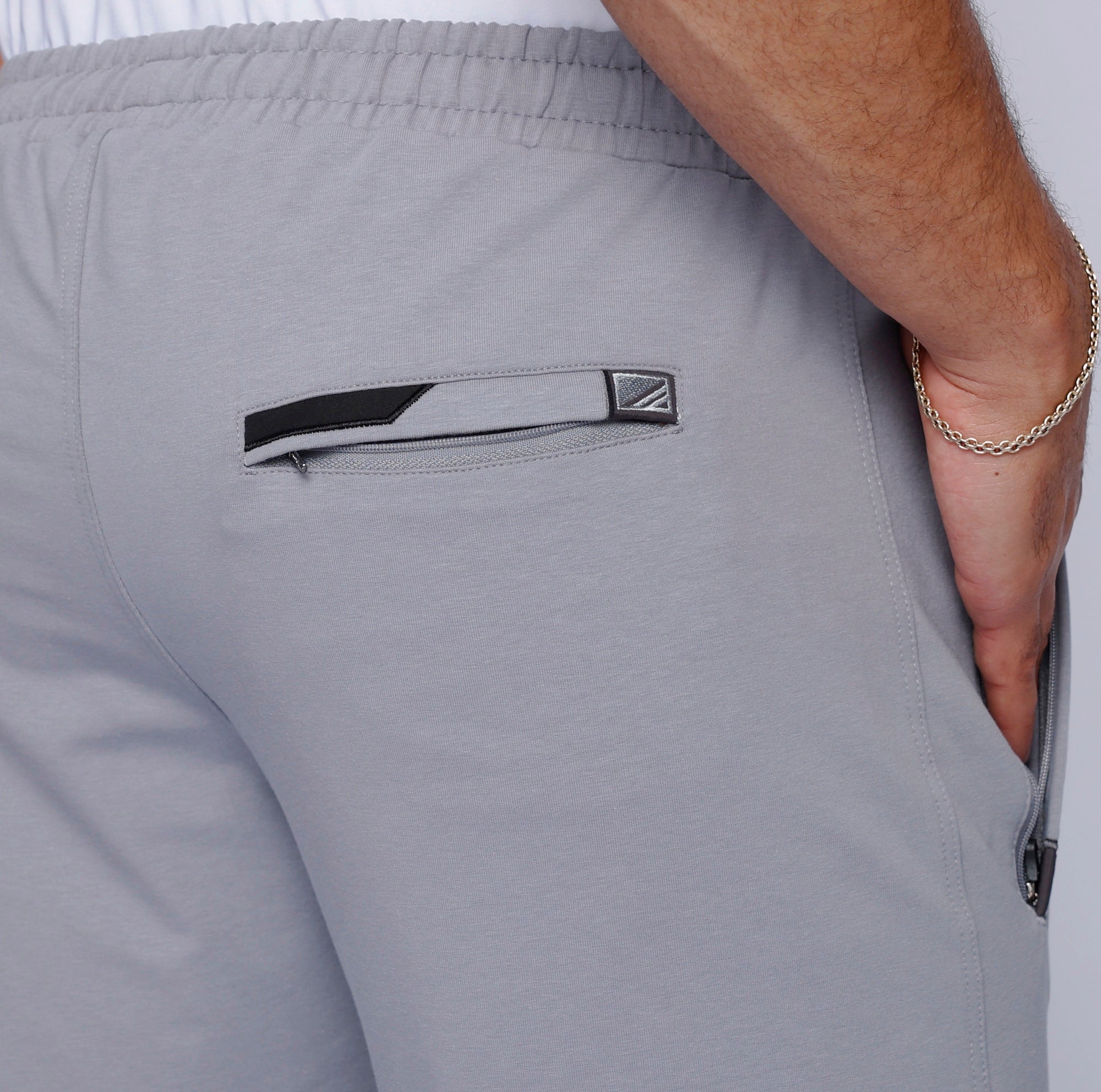 close-up of big and tall men’s light grey sweatpants with back zipper pocket