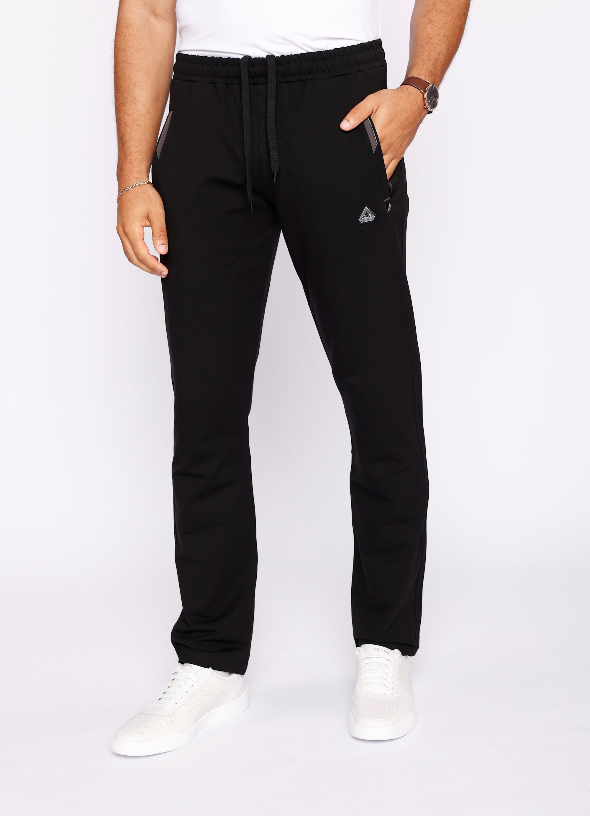  big and tall men’s black athletic sweatpants with long inseam and straight-leg fit, front view