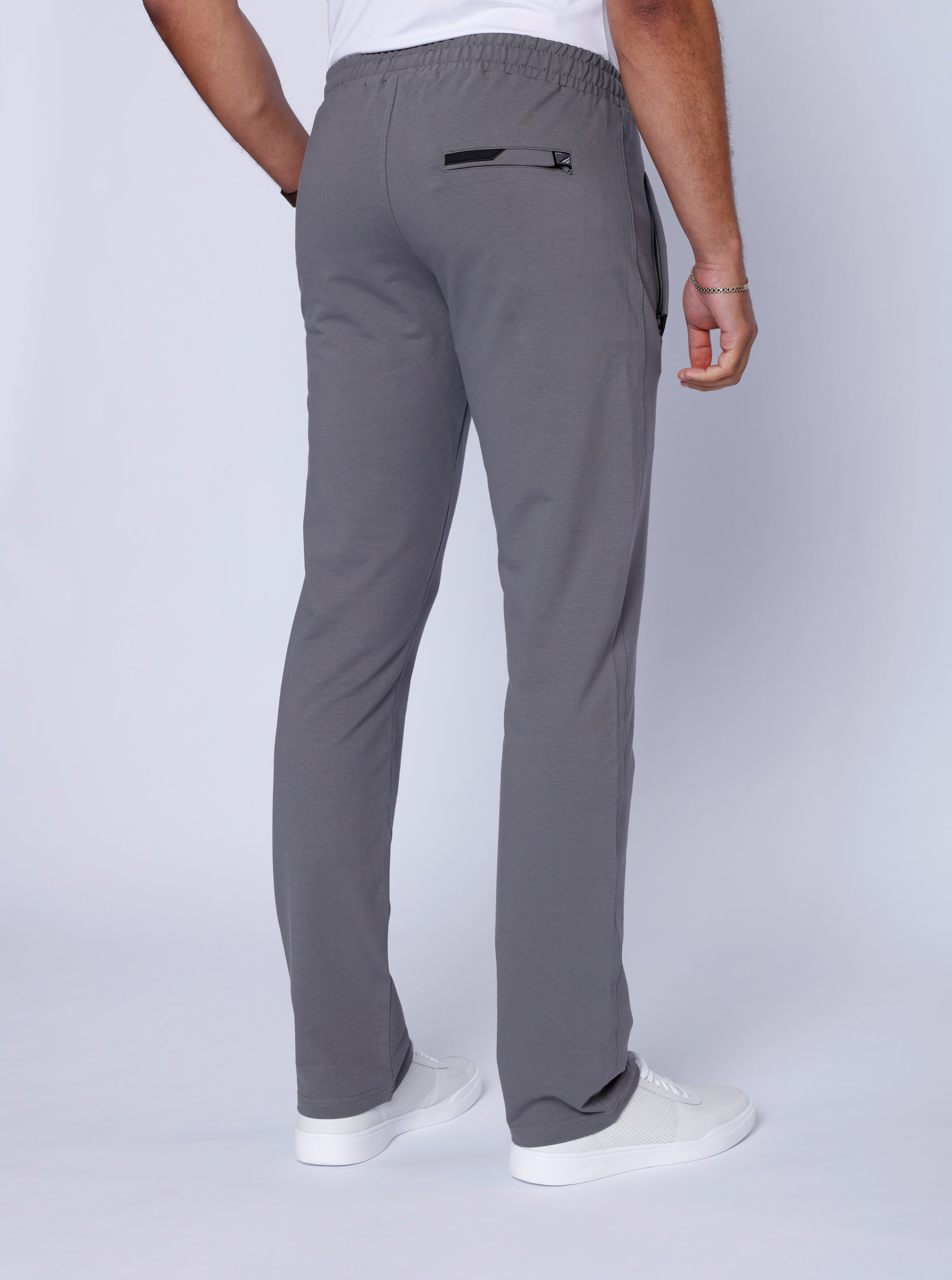 big and tall men’s platinum grey athletic pants with long inseam and secure back zipper pocket, back view