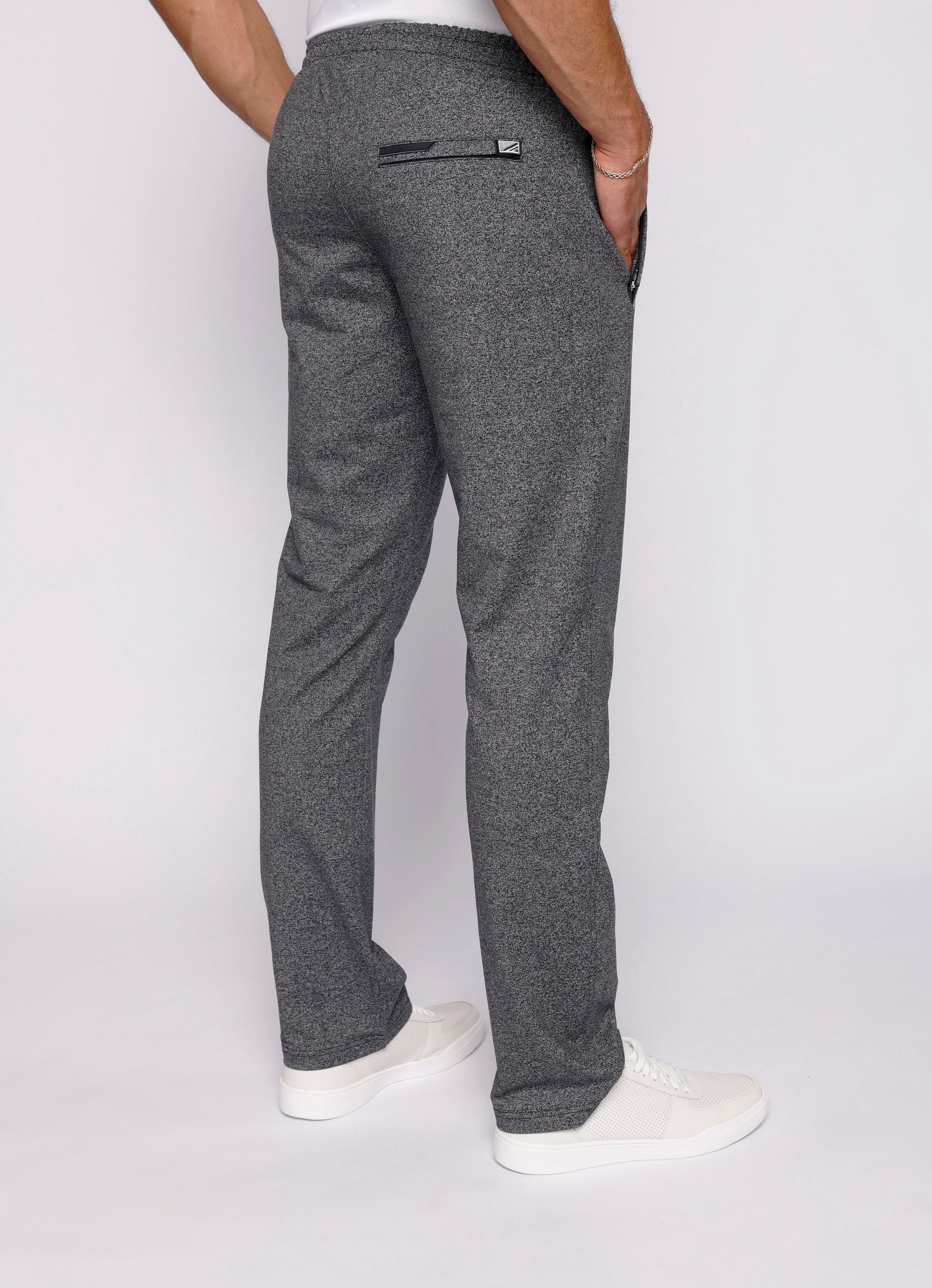 tall men’s heather grey athletic sweat pants with long inseam and back zipper pocket, back view
