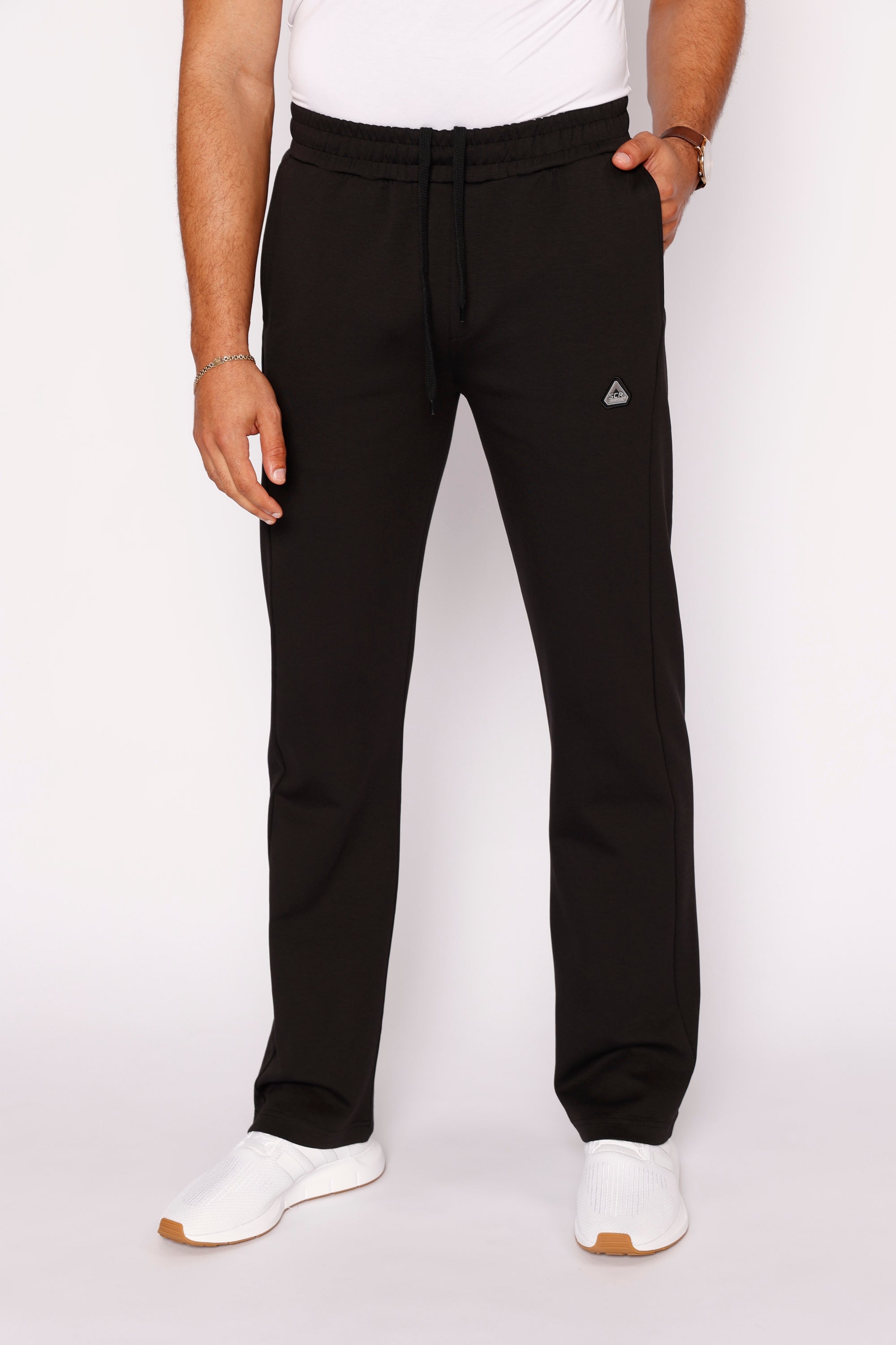 SCR sportswear men's straight leg athletic pants with 70% cotton, cozy relaxed fit, modern high-end design, front zip pockets, and secure back zipper pocket