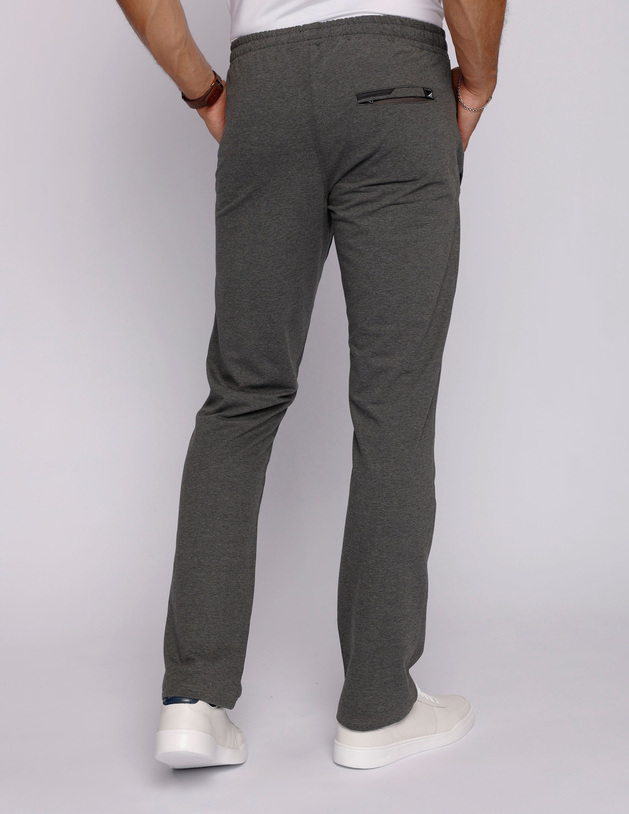 tall men’s dark grey sweatpants with long 34 inch inseam and back zipper pocket, back view