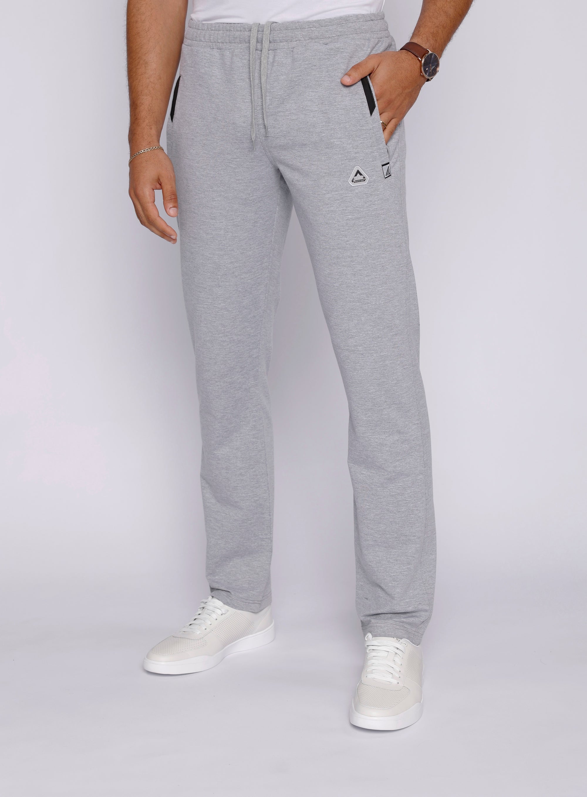 men’s light grey sweatpants with modern straight-leg cut, front view