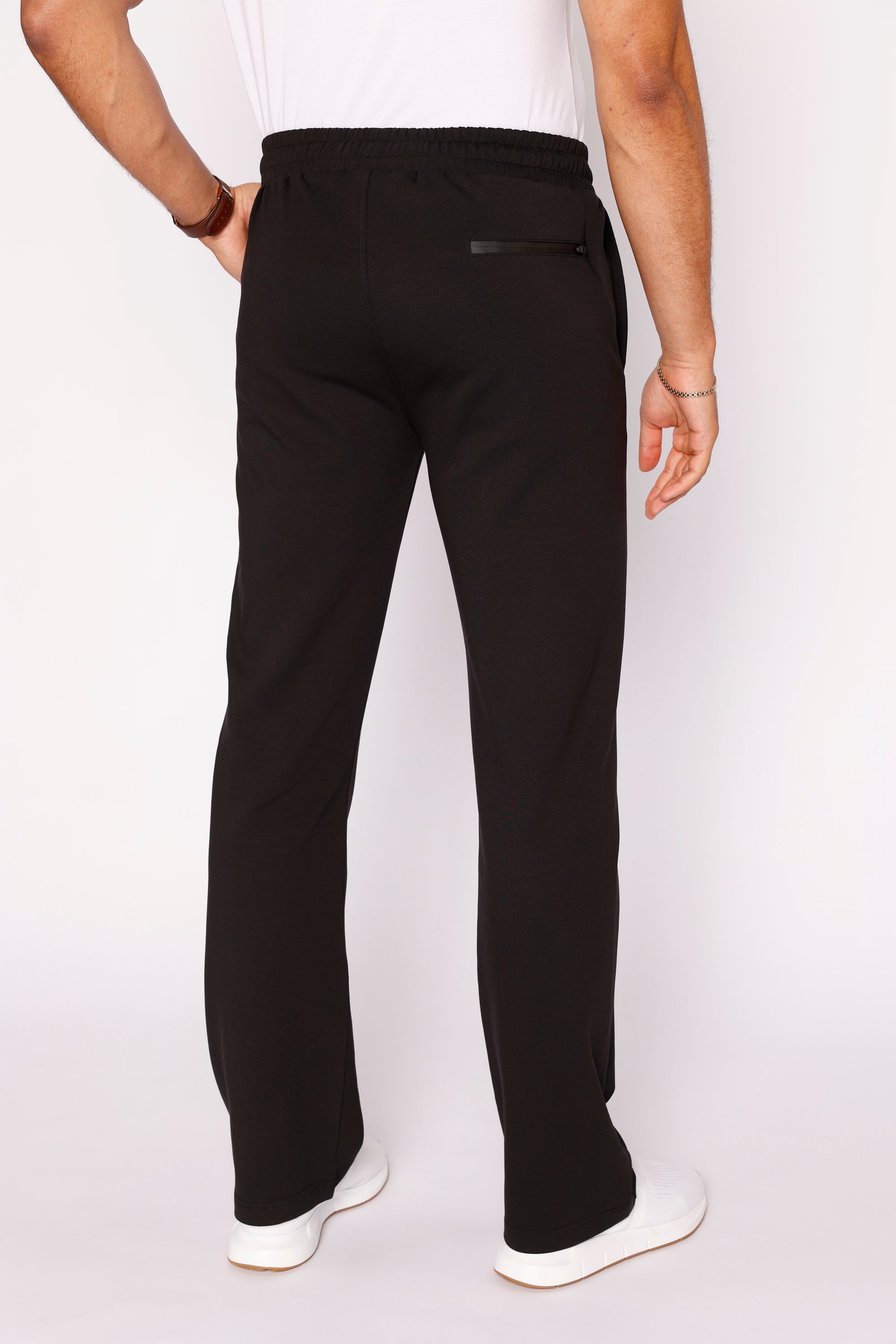Men's Tall Black Straight leg pants with front zipper pockets and black zipper pocket by SCR Sportswear, back view