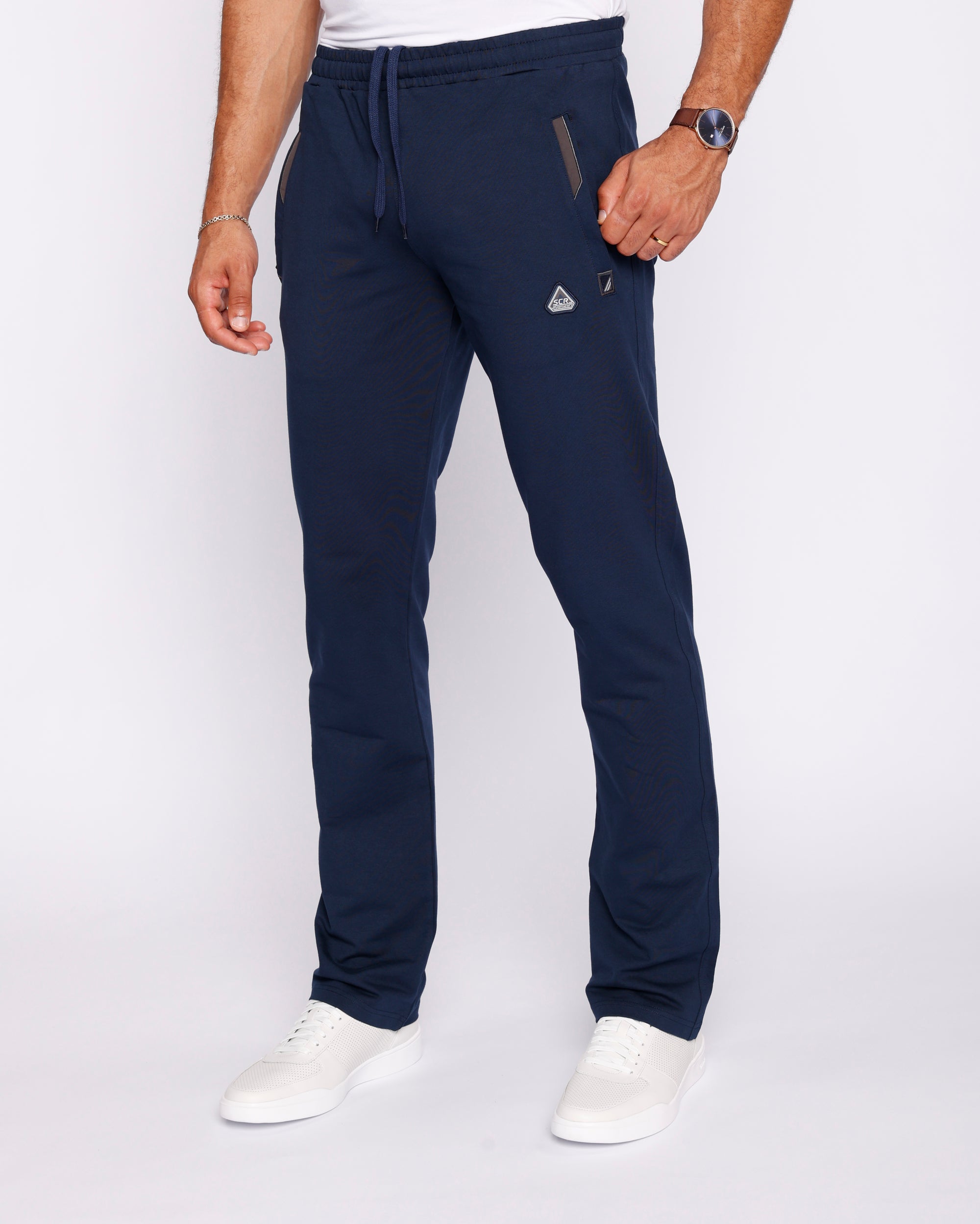 tall men’s navy athletic sweatpants with long inseam and straight-leg fit, front view