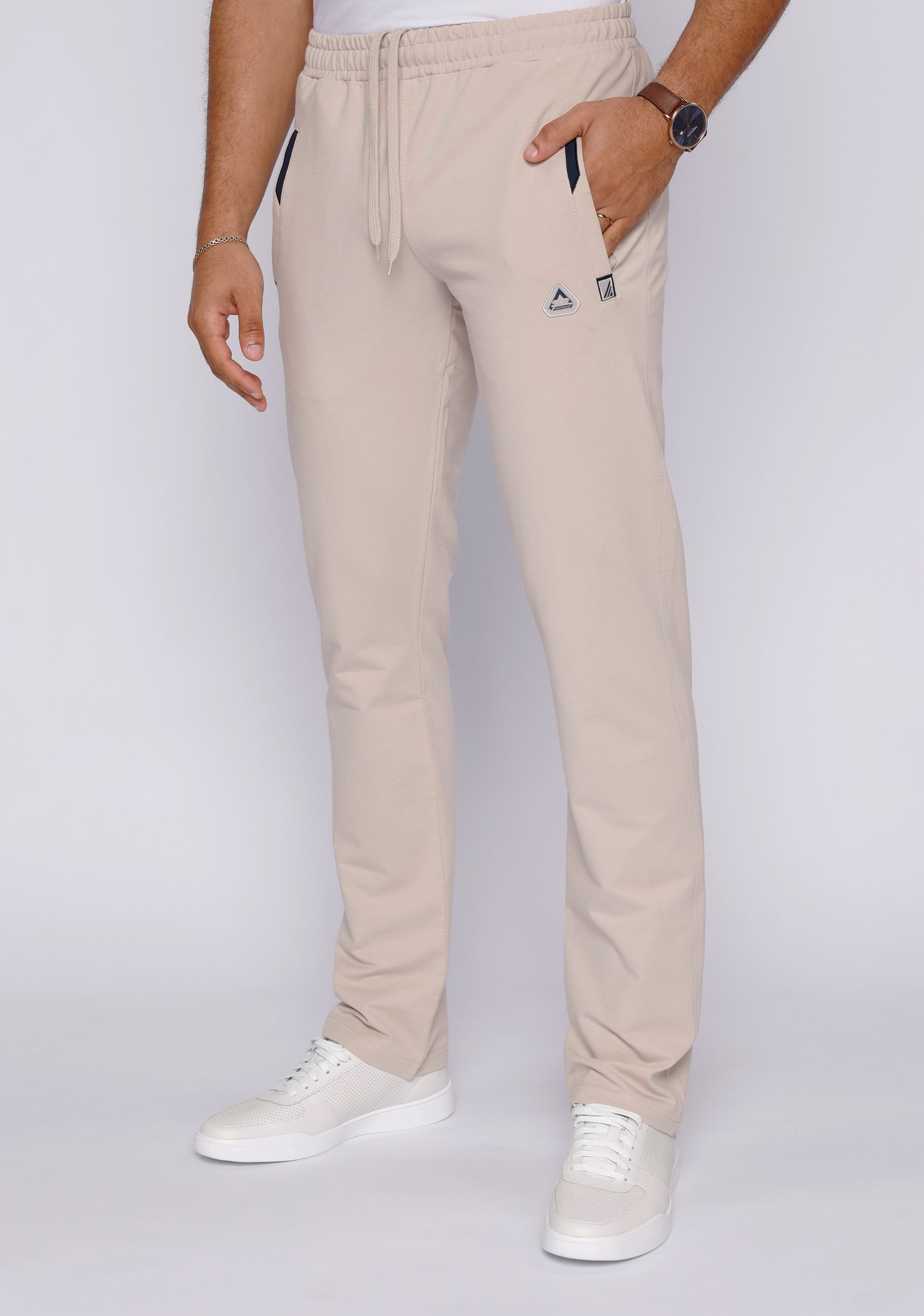 men’s beige lounge pants with soft cotton blend and relaxed fit, front view