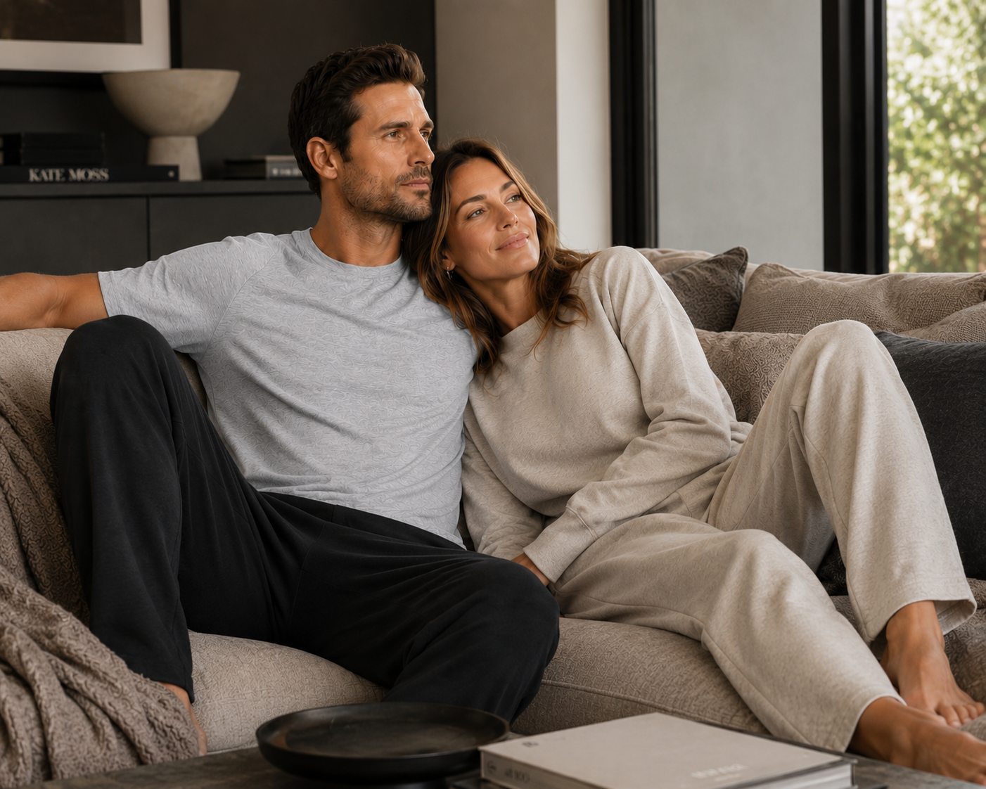 A man and a woman relax on a beige sofa in a modern living room. The man wears a light gray heather t-shirt and dark charcoal pants, while the woman wears a matching light beige lounge set.