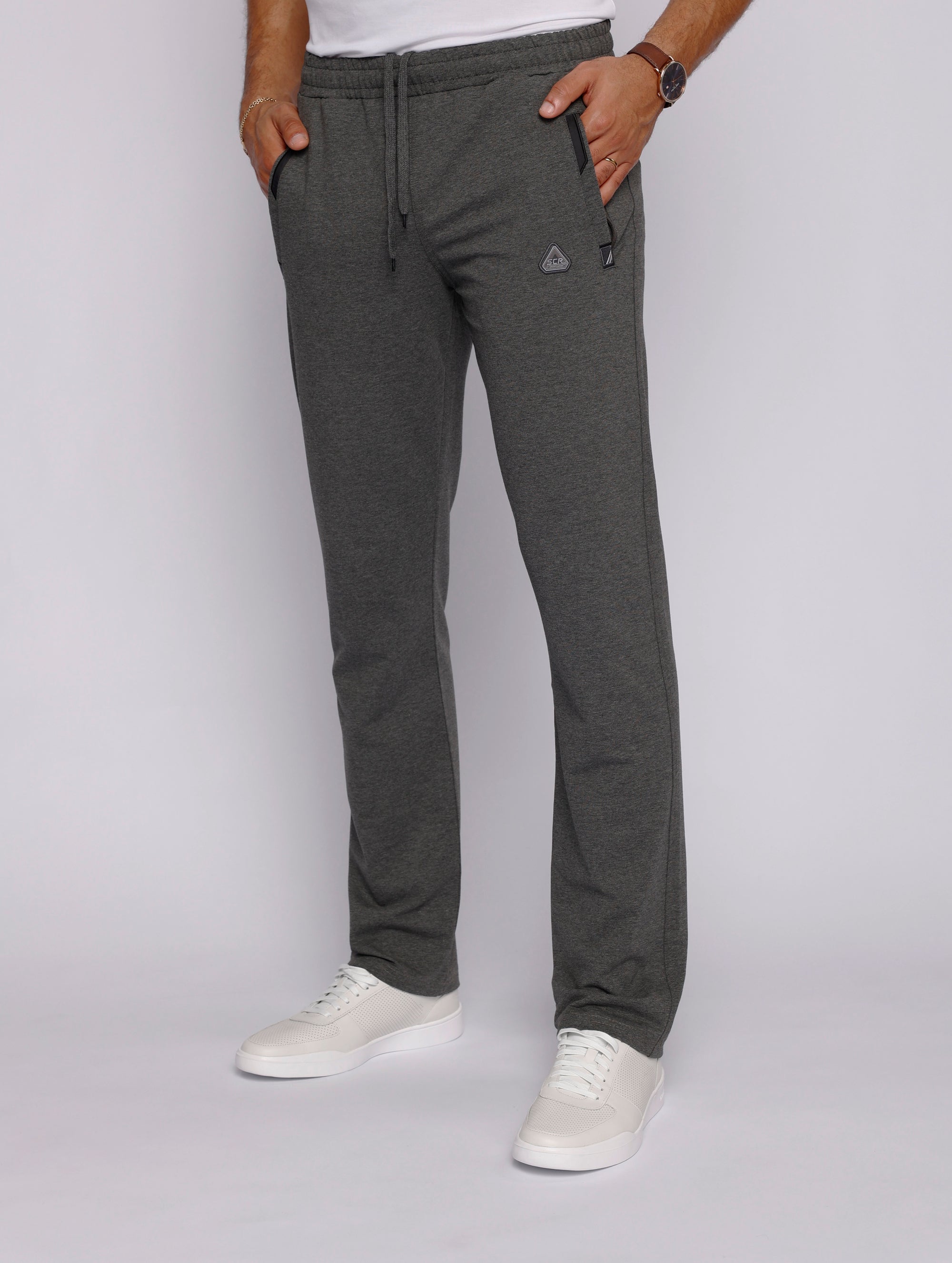 big and tall men’s dark grey athletic sweatpants with long inseam and straight-leg fit, front view